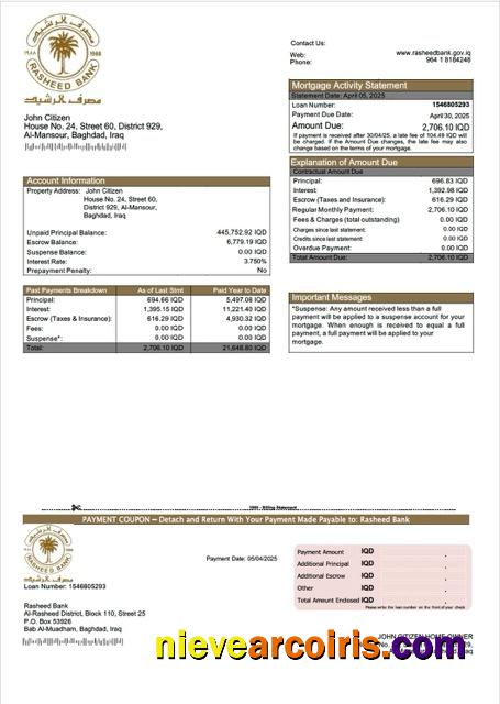 Iraq Rasheed Bank mortgage statement Word and PDF template